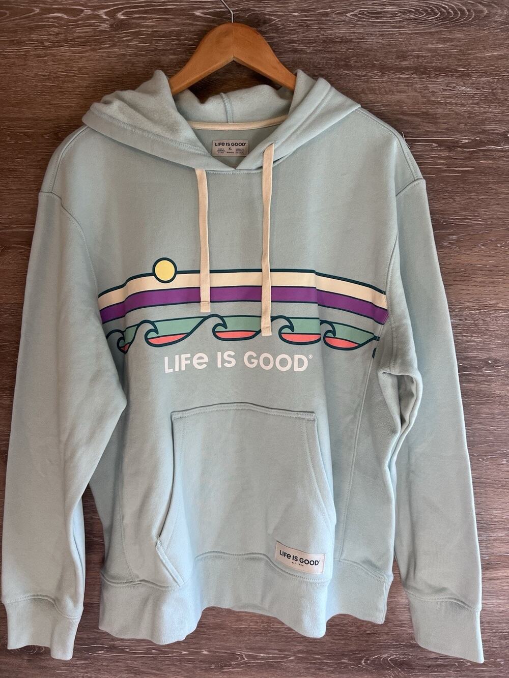 Life is Good Hooded Sweatshirt XL Light Blue Wave Ocean Sun Unisex